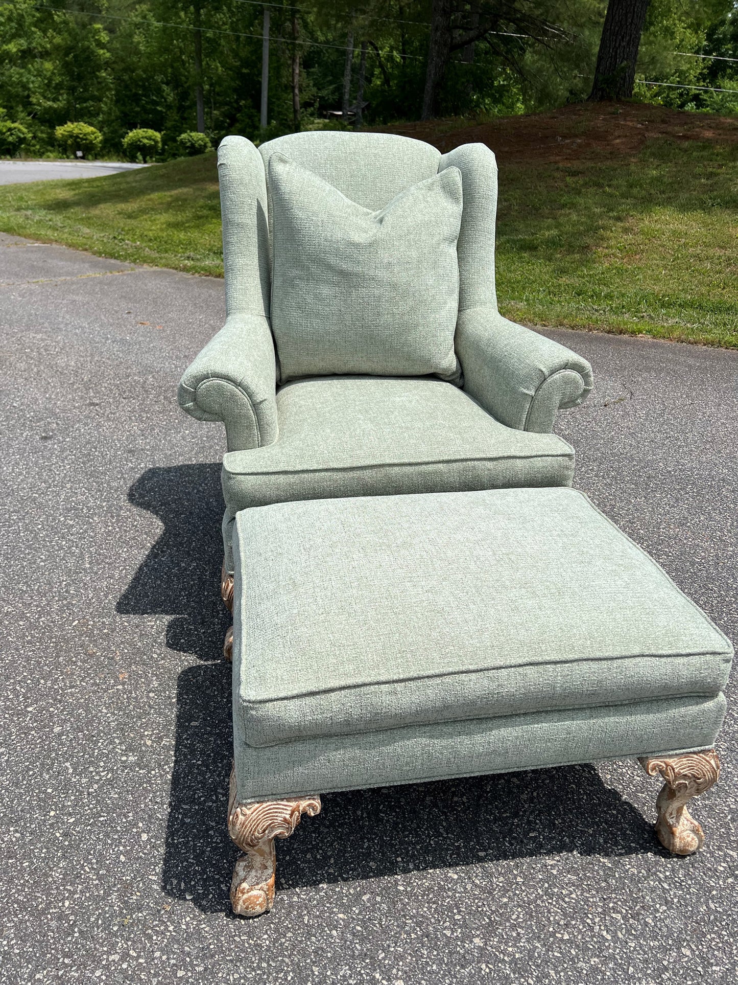 Sage Green Wingback and Ottoman Set